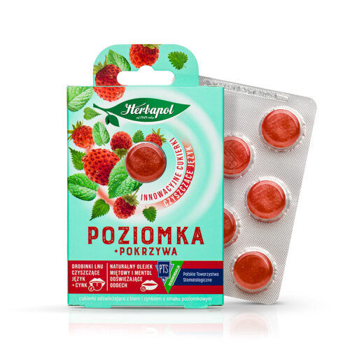 Herbapol Cukierki odświeżające z lnem i cynkiem poziomka pokrzywa 20 g (8 sztuk)