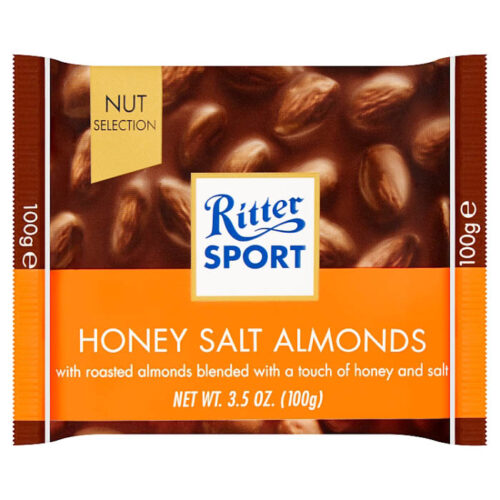 Ritter Sport Czekolada mleczna z prażonymi solonymi migdałami w polewie o smaku miodowym, 100 g