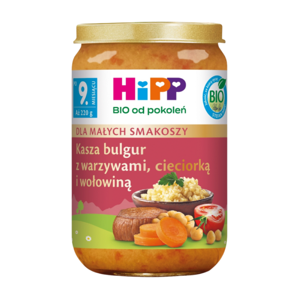 10x mleko Hipp(4) HiPP BIO Kasza bulgur z warzywami cieciorką i wołowiną po 9 miesiącu 220g