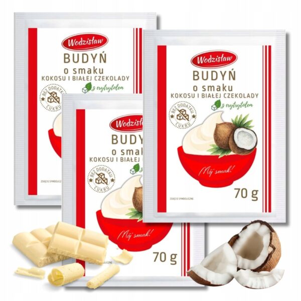 1da99054-5858-4ea5-8999-625cd748b242.jpeg Budyń kokosowy z białą czekoladą z Erytrytolem pyszny deser Wodzisław 70g x 3