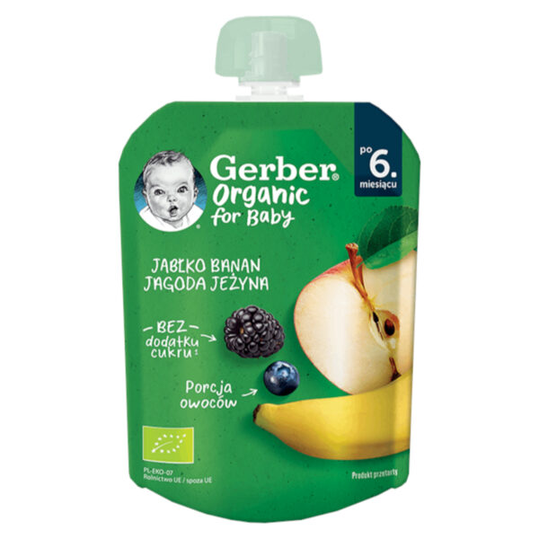 32097b2497dee39982b08c9b728cf8c9.jpg Gerber Organic Deserek Jabłko banan jagoda jeżyna dla niemowląt po 6. miesiącu 90 g