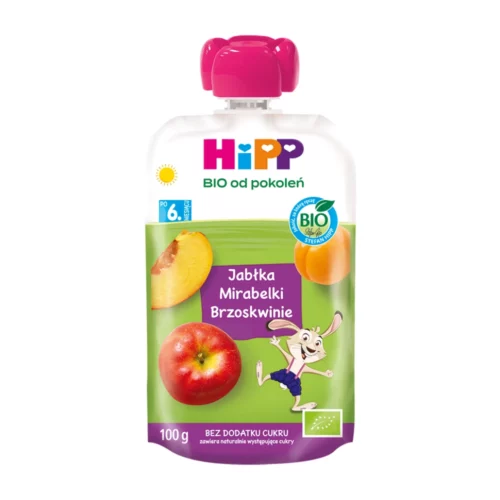 Mus owocowy HiPP BIO jabłka-mirabelki-brzoskwinie  po 6. miesiącu 100g