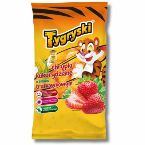 Chrupki Tygryski Kukurydziane Bezglutenowe o Smaku Truskawkowym 70g – Owocowa Chrupiąca Przyjemność!