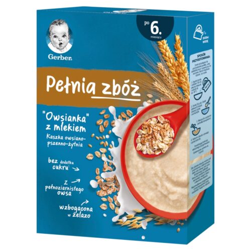 Gerber Pełnia zbóż Kaszka owsiano-pszenno-żytnia "Owsianka" z mlekiem po 6. miesiącu, 200g