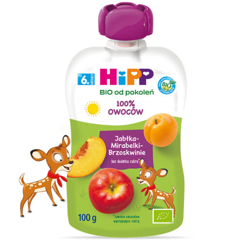 Mus owocowy HiPP BIO jabłka-mirabelki-brzoskwinie  po 6. miesiącu 100g