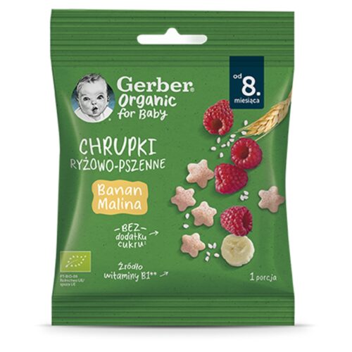 Gerber Organic Chrupki ryżowo-pszenne banan malina od 8. miesiąca, 7g