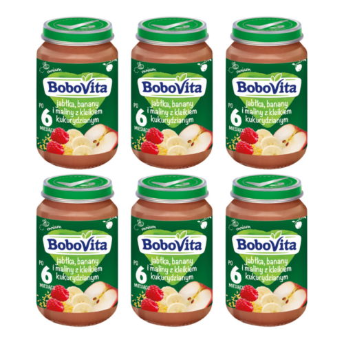 BoboVita Jabłka banany i maliny z kaszką kukurydzianą po 6 miesiącu, 6x190 g