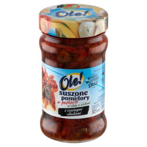 Ole! Suszone pomidory w paskach w oleju z ziołami z czarnymi oliwkami, 305ml