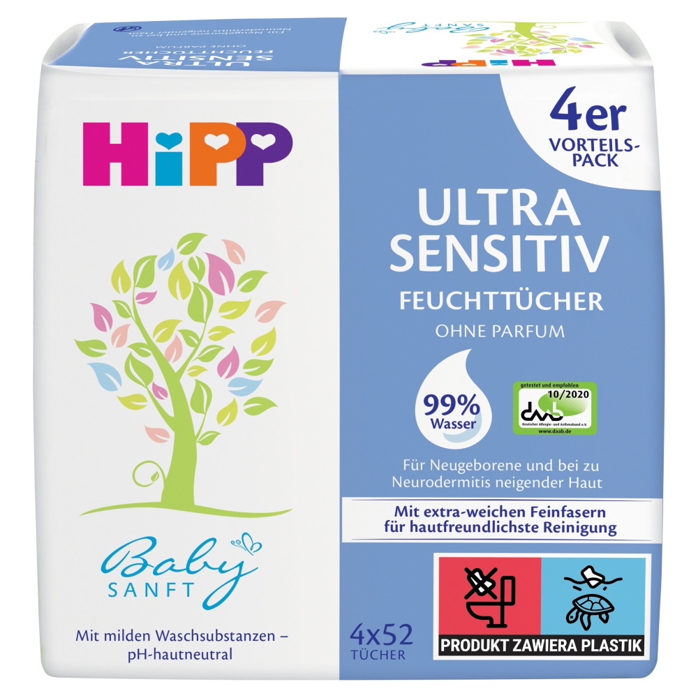 HiPP Babysanft Ultra-Sensitive Chusteczki pielęgnacyjne od 1. dnia życia 4 x 52 sztuki