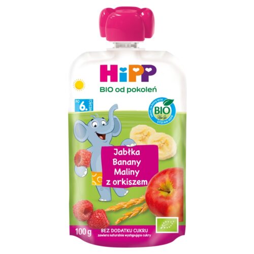 HiPP BIO Mus owocowy owoce & zboża po 6. miesiącu jabłka-banany-maliny z orkiszem 100 g