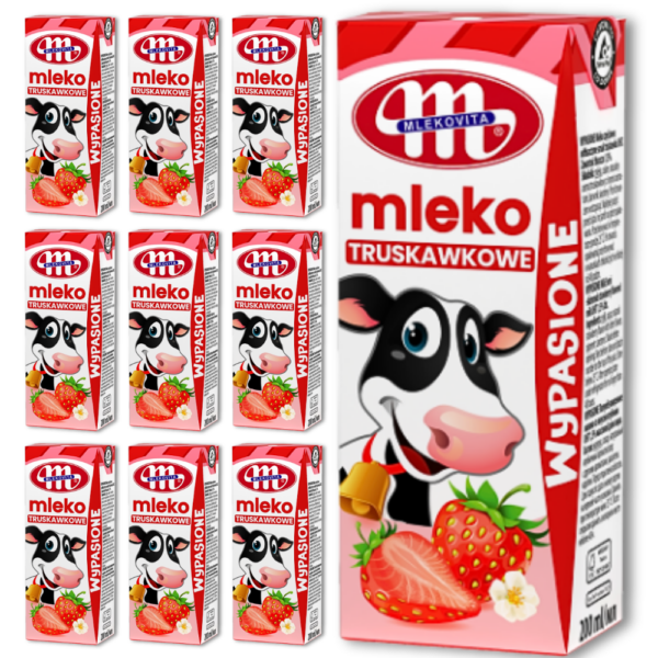 10x Mleko truskawkowe 200ml Wypasione UHT Mlekovita