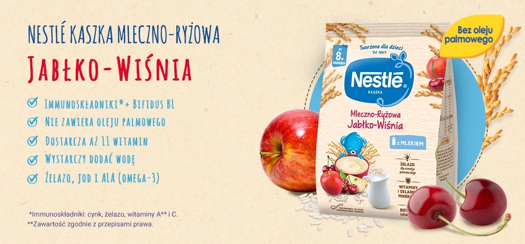 Nestle Kaszka mleczno ryzowa Jablko Wisnia benefity 1