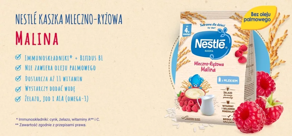 Nestle Kaszka mleczno ryzowa Malina benefity