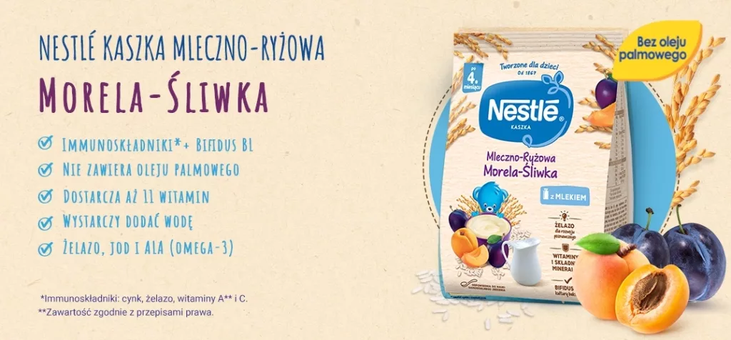 Nestle Kaszka mleczno ryzowa Morela Sliwka benefity