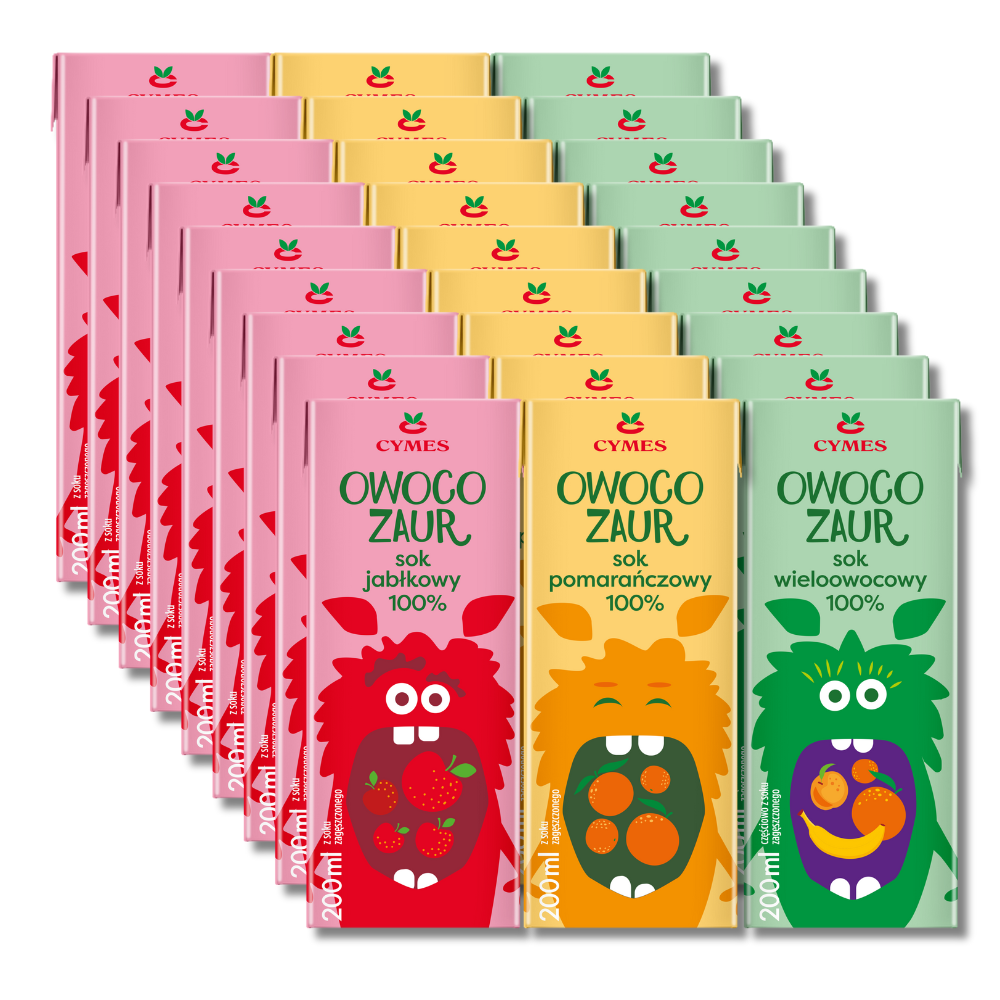 Owocozaur mix albo 27szt Owocozaur sok 100% w 3 smakach: jabłko pomarańcza wieloowocowy 200ml x 27 / LA02MIX2-MIX-27