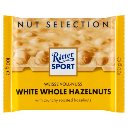 Ritter Sport Biała czekolada z całymi prażonymi orzechami laskowymi i chrupkami ryżowymi, 100 g