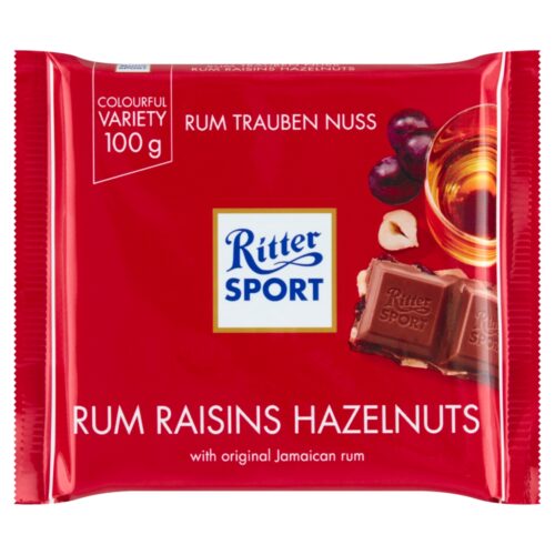 Ritter Sport Czekolada mleczna z rodzynkami w rumie i orzechami laskowymi, 100 g
