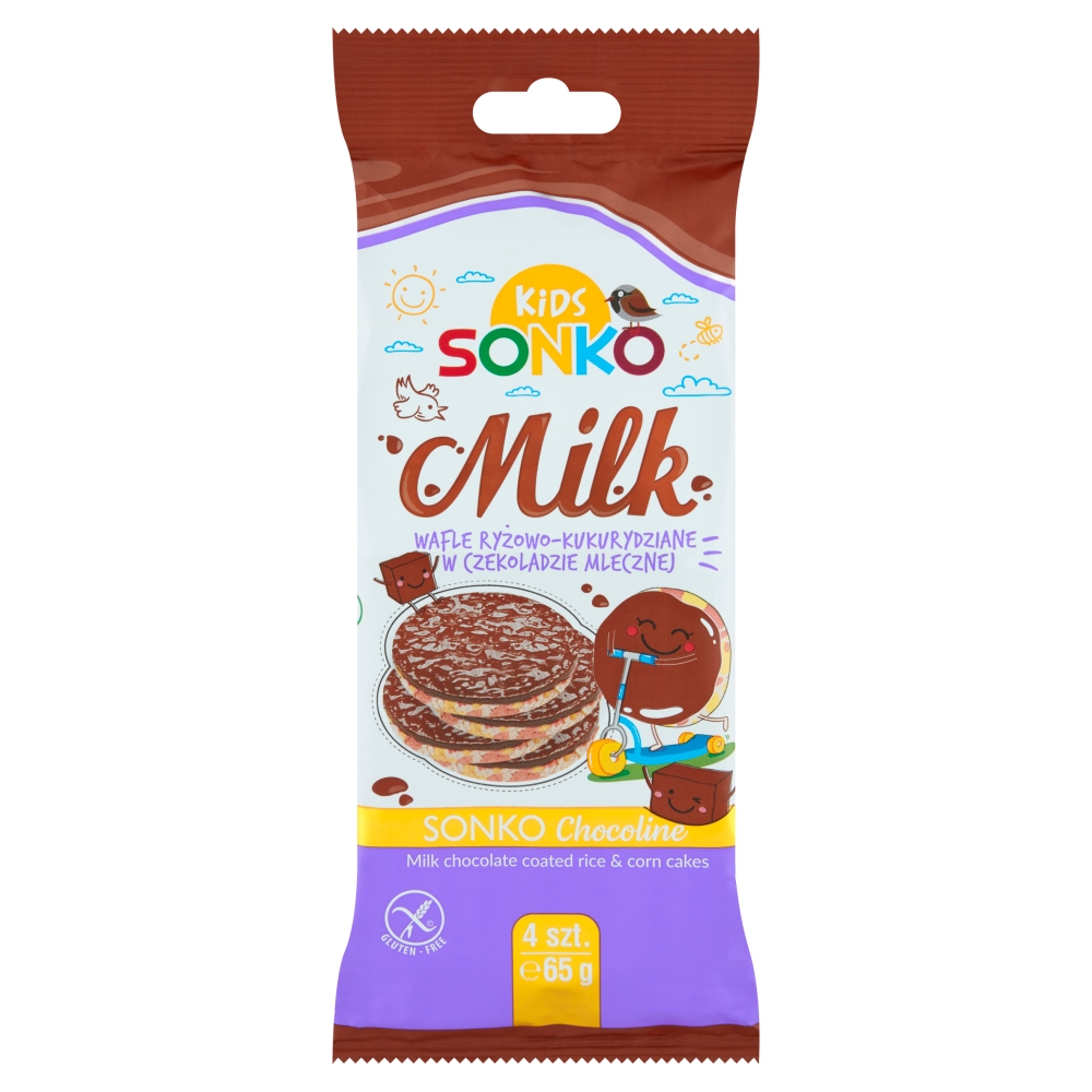 Sonko Kids Wafle ryzowo kukurydziane w czekoladzie mlecznej 65 g 4 sztuki