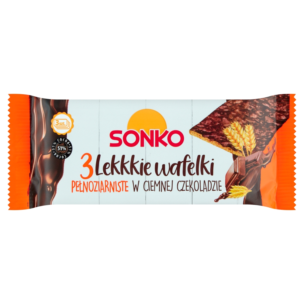 Sonko Lekkkie wafelki pełnoziarniste w ciemnej czekoladzie 36 g (3 sztuki)