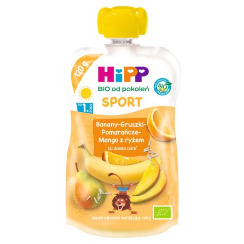 Mus owocowy HiPP BIO Sport banany-gruszki-pomarańcze-mango z ryżem po 1. roku 120 g