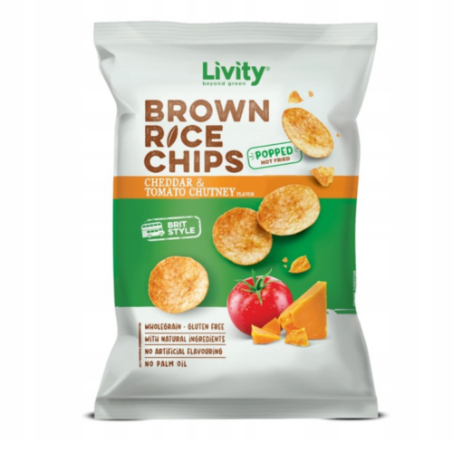 Chipsy ryżowe bez glutenu Cheddar z pomidorowym sosem chutney 60 g Livity