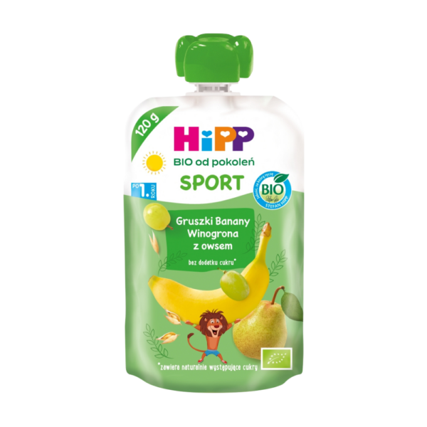 Mus owocowy HiPP BIO Sport gruszki-banany-winogrona z owsem  po 1. roku 120 g