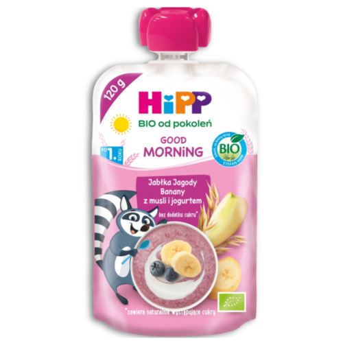 HiPP Bio Mus owocowy Mus owocowy jabłka, jagody, banany, musli, jogurt 120ml po 1 roku