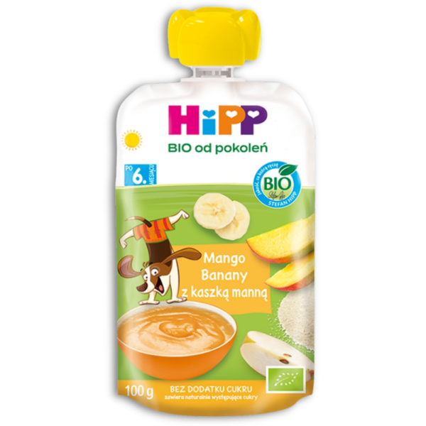HiPP Bio Mus owocowy mango, banany z KASZKĄ MANNĄ 100g po 6 miesiącu