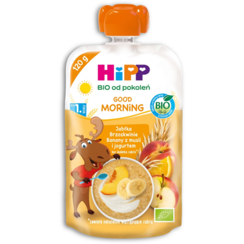 HiPP Bio Mus owocowy jabłka brzoskwinie banany musli jogurt 120ml po 1 roku