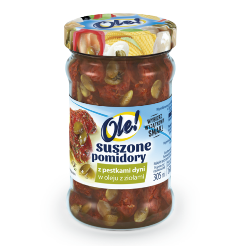 Ole! Suszone pomidory z pestkami dyni w oleju z ziołami, 305 ml